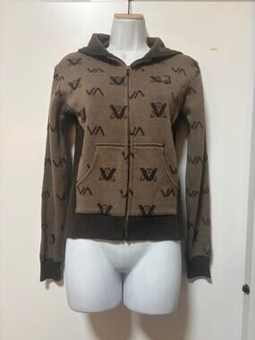 RVCA Full Zip Knit Hoodie Sweater Brown Logo Print Elbow Patches Women’s S/XS